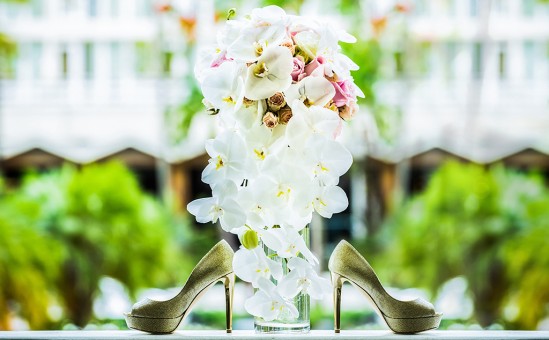 Wedding Shoes and Brides Bouquet at La Concha Hotel, San Juan, Puerto Rico