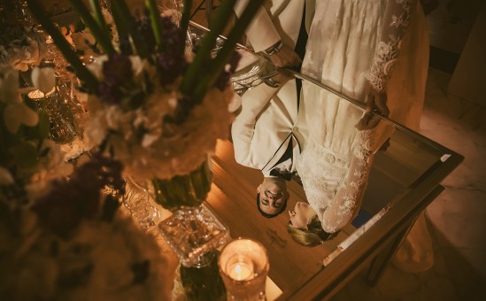 Wedding couple reflection at Antiguo Casino de Puerto Rico